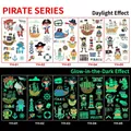 Luminous pirate tattoo stickers for kids featuring ships and skulls in dark - Luminous Pirate Series
