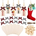 DIY unfinished wooden Christmas tags with plaid bows, wood beads and jute rope set - Plaid Bow Wood Bead Style / 36 Wood Slices + 36 Bows + 108 Beads