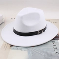 Classic white wool felt jazz hat with a black leather band and silver buckle accessory - Flat Brim With Regular Leather Belt / White