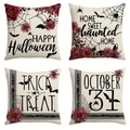 Detailed set of four linen Halloween cushion covers with floral and spooky festive patterns - Halloween Series 4-Piece Set-24