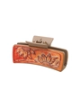 Brown matte shark hair clip featuring an orange leather patch with sunflower embossing - Brown Orange Sunflower Embossing (90135)