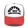 Vintage red and white trucker hat with Support Day Drinking print and black mesh - One Size / Red White and Black