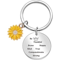 Sonnenblumen-Schlüsselanhänger mit gravierter Silberscheibe und inspirierenden Worten - Silber Rund-Be Thankful