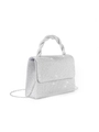 Detail of silver sequin evening bag featuring a woven handle and metallic chain strap - Twisted Rope Handle / Silver