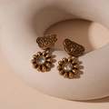 Detail of vintage gold bear and flower earrings with sparkling zircon accents - Gold Bear Flower (S925 Silver Pin)