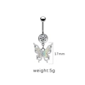 Macro detail of silver navel ring with crystal butterfly pendant and 17mm size mark - 24012202-8