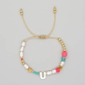 Handmade adjustable bracelet featuring pink beads, a golden U letter, and heart charms - Letter U Style (ZZ-B24061901U-F)