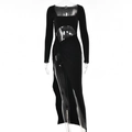 Sexyes schwarzes Maxikleid mit langen Ärmeln, Taillenausschnitt, Knoten und Beinschlitz - S / Schwarz