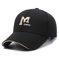 Classic black cotton baseball cap featuring khaki M letter embroidery and a curved brim - Black with Gold Embroidery