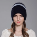 Berretto invernale in pelliccia di coniglio a righe blu scuro e grigio con paraorecchie - Blu navy