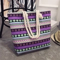 Ethnic style purple woven tote bag with durable hemp rope handles for beach and commute - Purple Floral