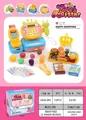 Detail view of colorful toy cash register set with scanner, food items and sound features - Cartoon Deer 32-Piece Set