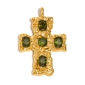 Retro hammered gold cross pendant with five olive green oval faux gemstones - Cross Pendant - Gold - Green Zirconia
