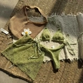 Detailed flat lay of a grass green crochet 3-piece bikini set with sheer mesh skirt - Army Green
