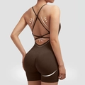 Cross-back yoga bodysuit in dark brown with butt-lifting and tummy control features - S / Top And Bottom / Dark Brown