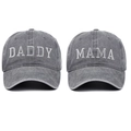 Close-up of DADDY and MAMA white embroidery on vintage washed grey cotton baseball caps - 2pcs Grey (DADDY+MAMA)