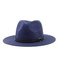Dark blue woven Fedora straw hat featuring a black faux leather band with silver rivets - M (56-58cm) / Navy Blue