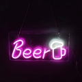 Pink neon Beer sign with yellow mug icon hanging by metal chain for bar decor - Pink (Hanging with Chain)