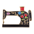 Detailed macro of vintage sewing machine enamel brooch with colorful tulip patterns - Retro Floral Sewing Machine (XZ8142)