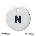 Silver stainless steel 10mm round pendant featuring black letter N with product dimensions - Letter N