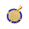 Detail of St. Benedict medal pendant with blue faceted beads and gold engraving - Gold Deep Blue Crystal