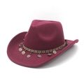 Detail of burgundy cowboy hat with ethnic braided band and vintage silver metal pendants - M (56-58cm) / Burgundy