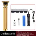 Golden cordless hair clipper set with T-blade trimmer, four limit combs and USB charger - Gold Knurled Pattern - Charging Dock - Metal Body