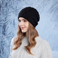 Chic black knitted slouchy beanie for women with elegant beadwork in winter snow scene - Black