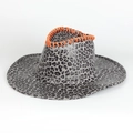 Close-up of leopard print cowboy hat with orange woven stitching detail and grey felt texture - Dark Gray Leopard