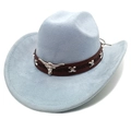Detailed view of western cowboy hat with faux suede texture and bull head ornament - M (56-58cm) / Sky Blue