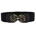 Women's black elastic wide waist belt with golden vintage relief metal buckle - EL269