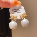 Elegant S925 silver bow earrings with sparkling zircons and white round pearls - 925 Sterling Silver Earring Post - White Gold Plated Bowknot Pearl
