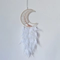 Handmade moon-shaped dream catcher with white feathers and natural crystal stones - 4016C Moon Clear Crystal