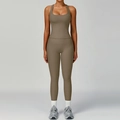 Ribbed brown two-piece yoga set with racerback sports bra and high waist leggings - S / Vest + Trousers / Light Coffee