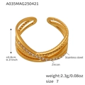 Macro detail of multi-layer crossover gold-plated ring with zircon insets and size metrics - A035 - Gold 5a Zircon Ring - Size 7 / Size 7