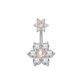 Détail de piercing nombril argenté avec motif floral en zircon et pierres irisées brillantes - Double Fleur-Irisé / Argenté