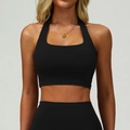 Damen Sport-BH mit Neckholder und hoch taillierte Yoga-Leggings im Set aus schwarzem Stoff - S / Premium Schwarz