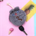 Grey plush cat key pouch with fish embroidery and convenient drawstring for car keys - Grey Small Fish
