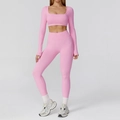 Pink seamless yoga set featuring a long-sleeve crop top and high-waisted ribbed leggings - S / Long Sleeve + Leggings / Bubble Pink