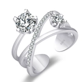 Silver S925 cross open ring with double main stones and micro-pave zirconia crystals - Crisscross Double Stone / Platinum Color-J363