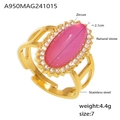 Pink oval natural stone ring in 18K gold plated steel with a halo of zircon accents - US Size 7 (Adjustable) / Gold-Natural Red Rose Quartz