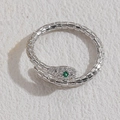 Silver snake ring with green zircon eyes and detailed scale texture engraving - Snake Zirconia / Silver
