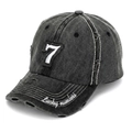 Close-up of number 7 embroidery and frayed edges on washed vintage denim baseball cap - One Size (56-60cm) / Black