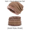 Men's khaki knit beanie and neck warmer set with warm fleece lining for winter wear - Adult Set (Hat + Scarf) / Khaki