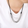Men's silver Cuban chain necklace with black wax cord on a male model neck - Steel Curb Chain With Black Braided Rope / Steel (KN290591-Z)
