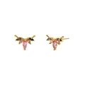 Detailed macro view of gold fan-shaped stud earrings with pink and amber cubic zirconia - Gold Style 26-Multi-Color Zirconia