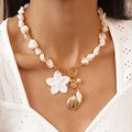 Bohemian seashell beaded necklace with golden scallop and white flower charms - Ocean Style / Gold-White
