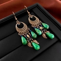 Böhmische Vintage-Ohrhänger mit grünen Türkis-Tropfen und bronzefarbenem Mond-Design - 4# Haken - Antik Bronze - Blatt Wassertropfen