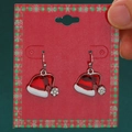 Festive red enamel Christmas hat earrings with sparkling rhinestone ball and silver ear hooks - Christmas Hat Earrings (H-232)