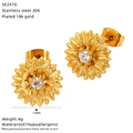 Detail view of 18k gold plated sunflower earrings with size and material specifications - Sunflower Flower Style (SE247G)